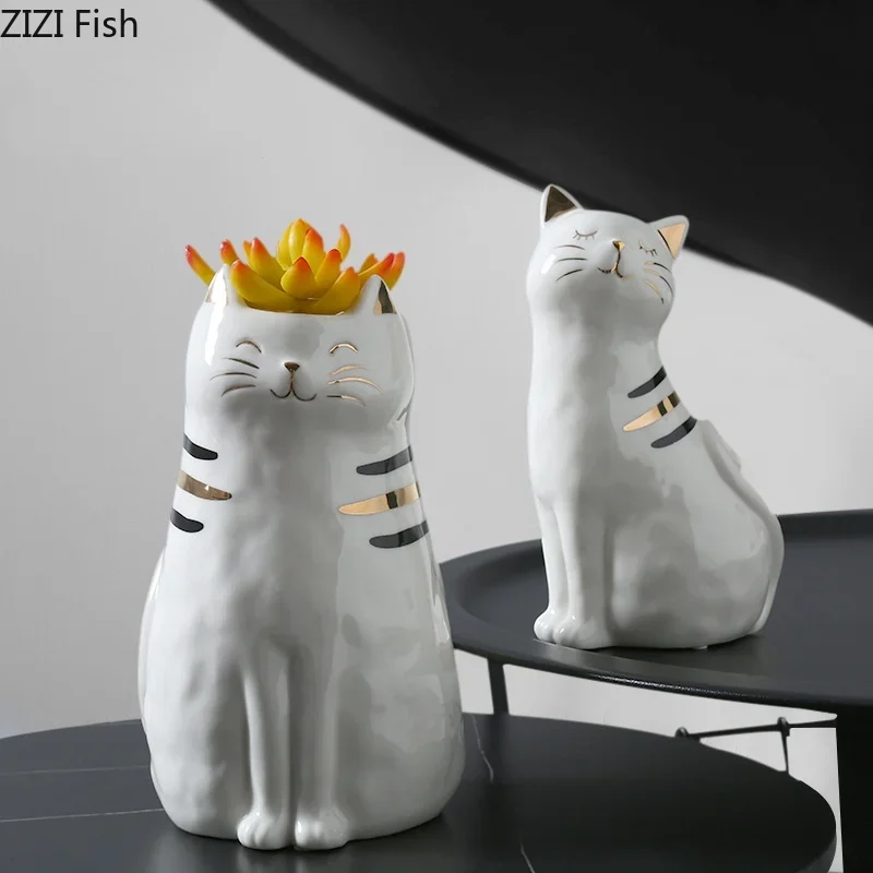 Cute Ceramic Cat Flower Vase Ceramic Handicraft Ornaments Animal Sculpture Cartoon Cat Flower Arrangement Accessories Vases 3
