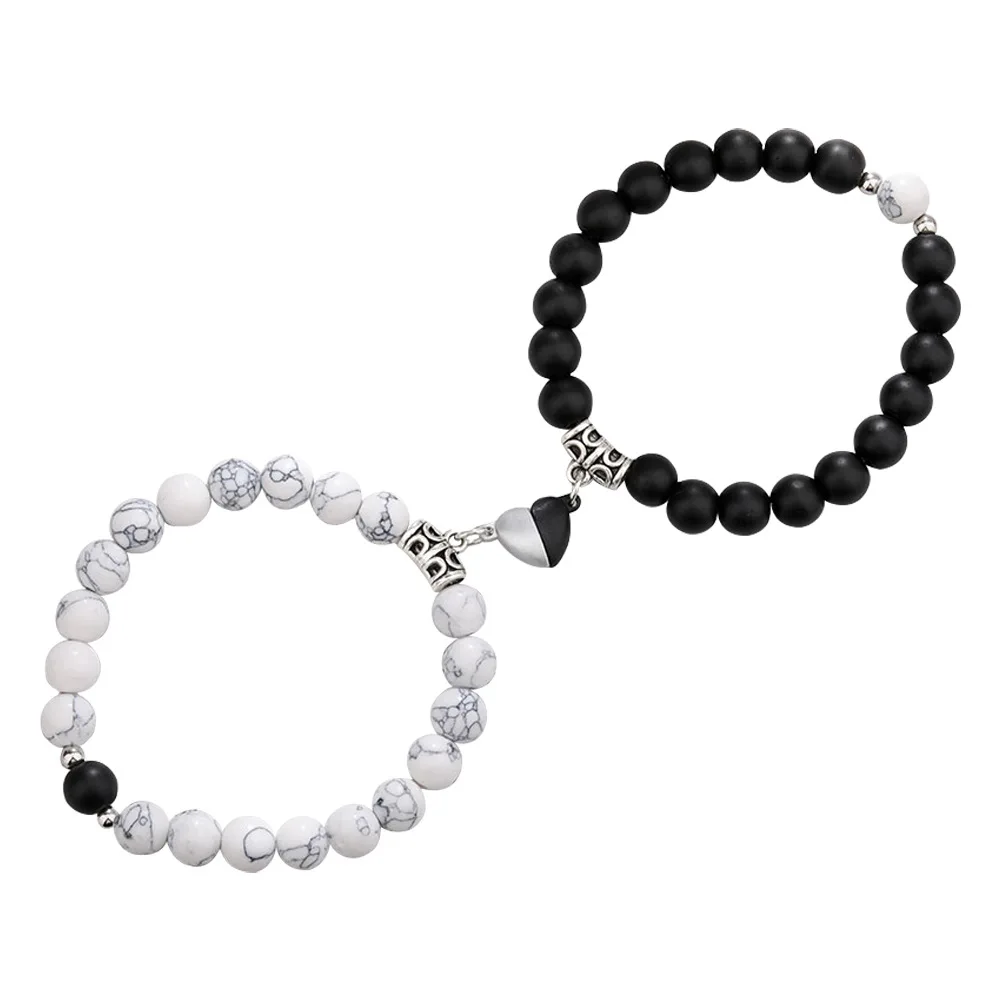 Natural Stone Beaded Heart Magnet Attraction Couple Bracelets for Women Men Simple Love Relationship Bracelet Jewelry 2Pcs/Set
