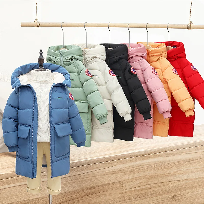 Winter teen Boys girls Jacket Long Style Solid Color Thick Keep Warm Hooded Windbreaker For 310 Years Kids Down Cotton Outwear children jackets