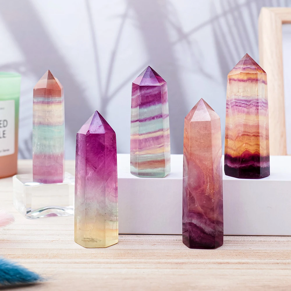 Natural Coloful Watermelon Fluorite Hexagonal Column Magic Point Crystal Tower Ornament for Home Decor Pyramid 2