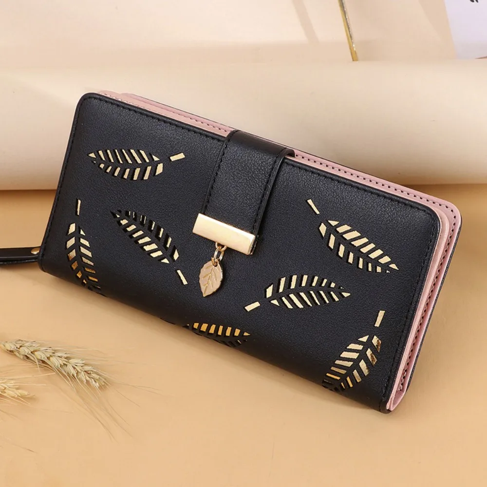 Luxury Pu Leather Women Wallets Long Hasp Fold-Over Pattern Coin Purses Hollow Leaf Zipper Buckle Solid Colors New Thin Clutch