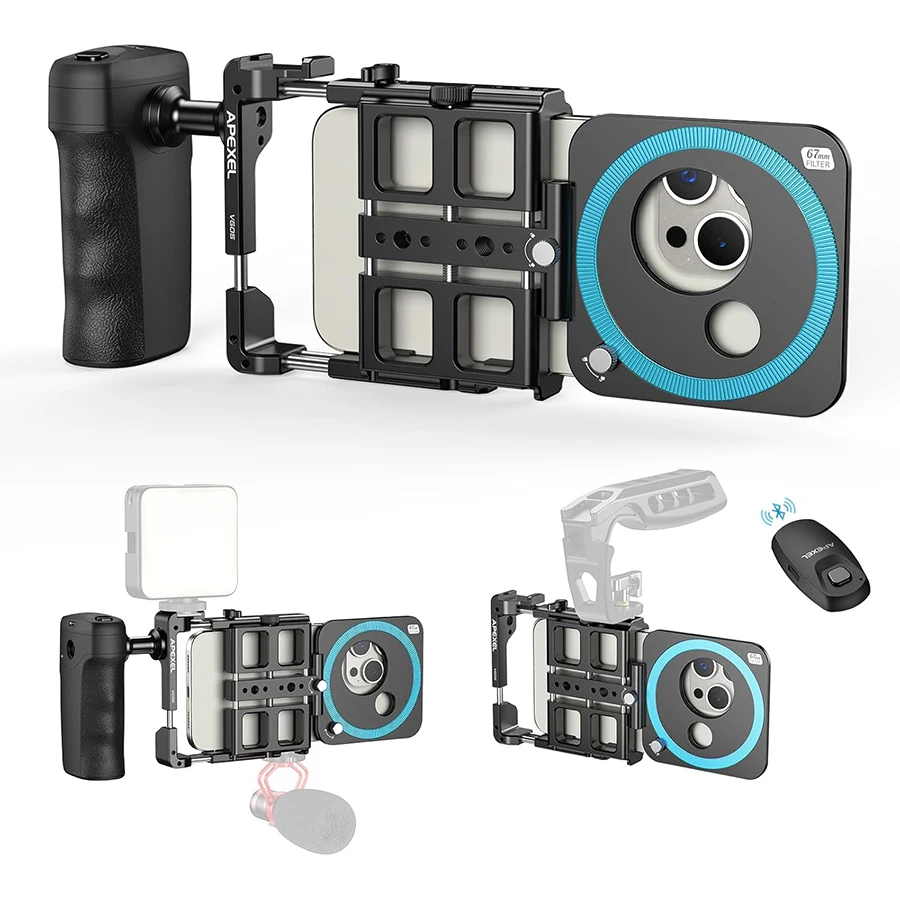 Universal Aluminum Phone Cage Rig with Rechargeable Handle Bluetooth Shutter Stabilizer for iPhone Android Video Shooting