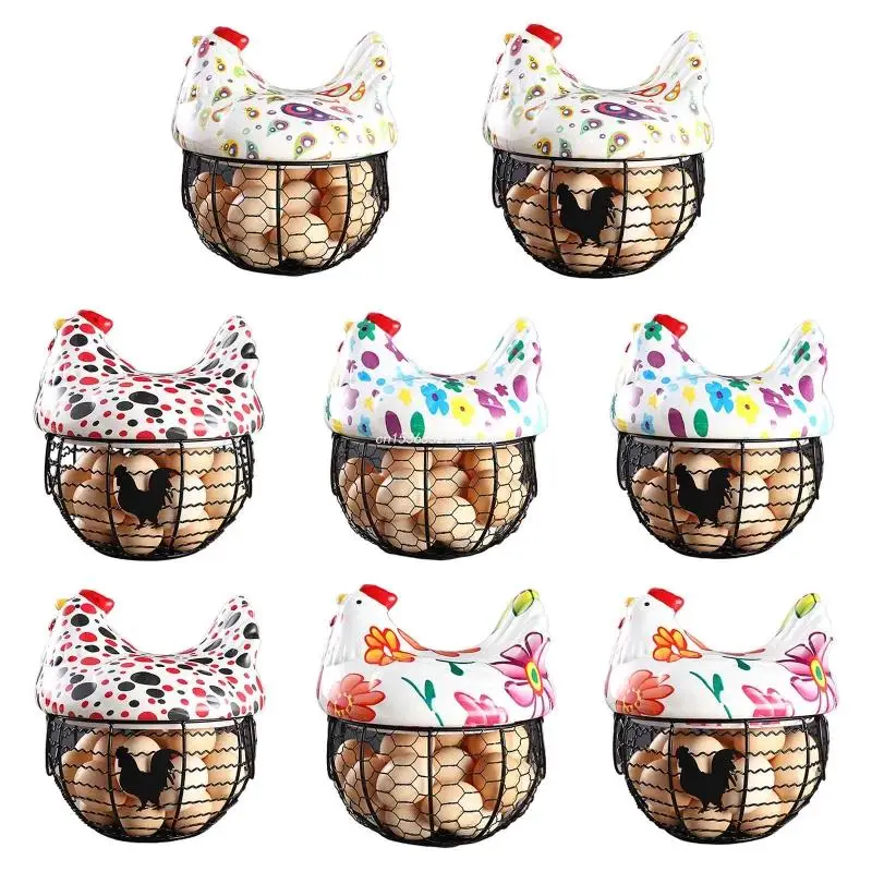 

Iron Ceramic Hen Storage Basket with Handle and Lid Organizer Container for Home Kitchen Eggs Potatoes Multifunction Dropship