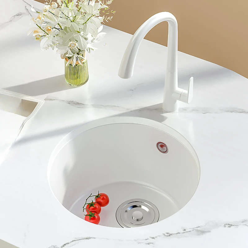

Round sink quartz stone small single slot bar island kitchen sink white platform balcony pool