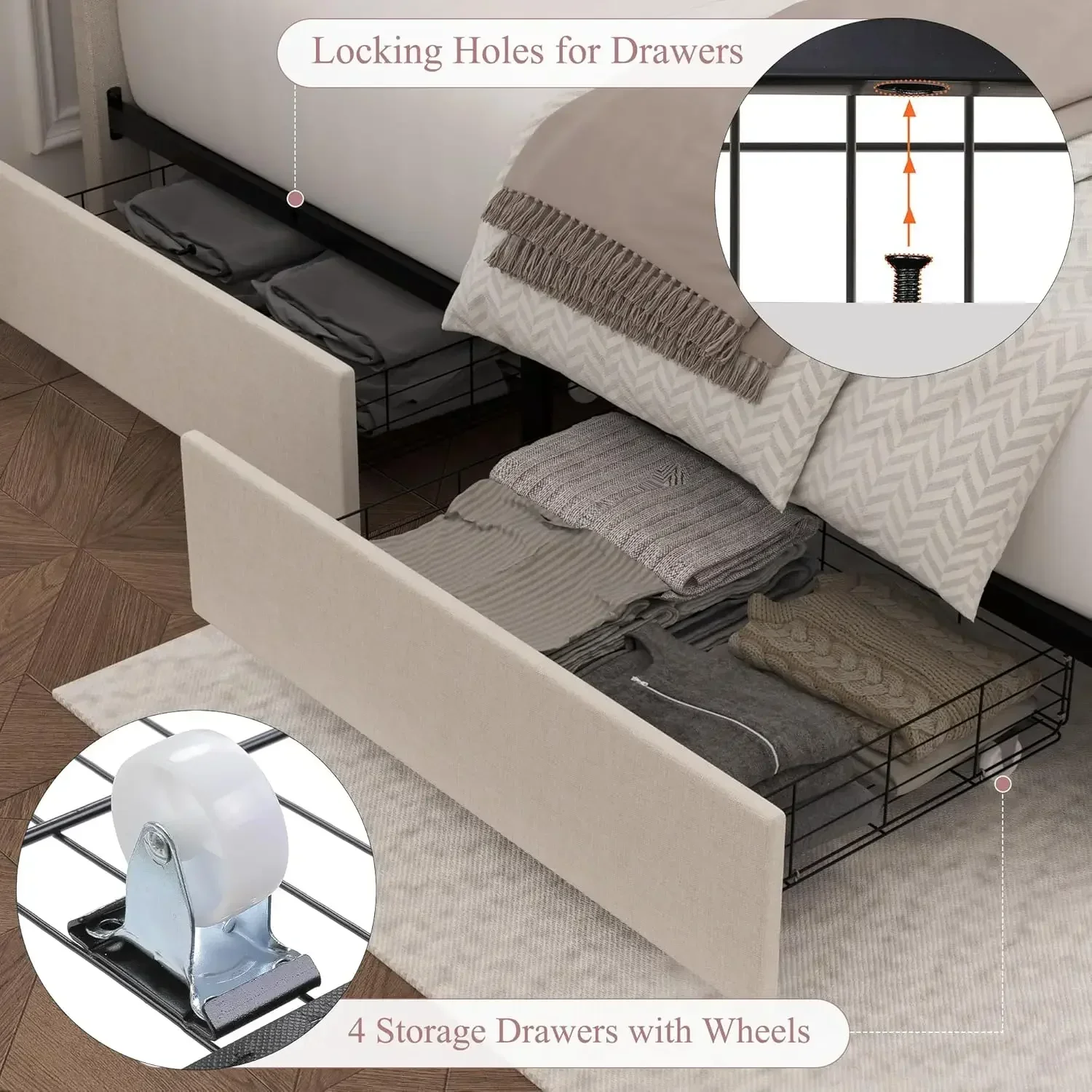 Queen Bed Frame with 4 Storage Drawers, Upholstered Platform Frame with Button Tufted Headboard