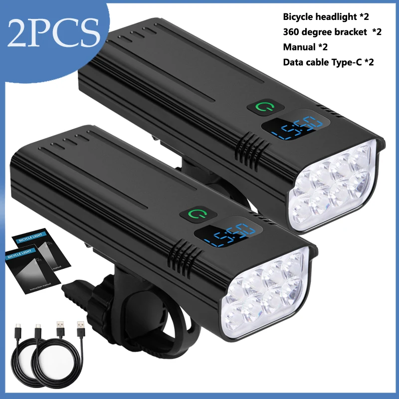 2PCS Bicycle Light 10000mAh Headlights 8*LED Flashlight for MTB Road Bike  Aluminum Cycling Light Bike Accessories