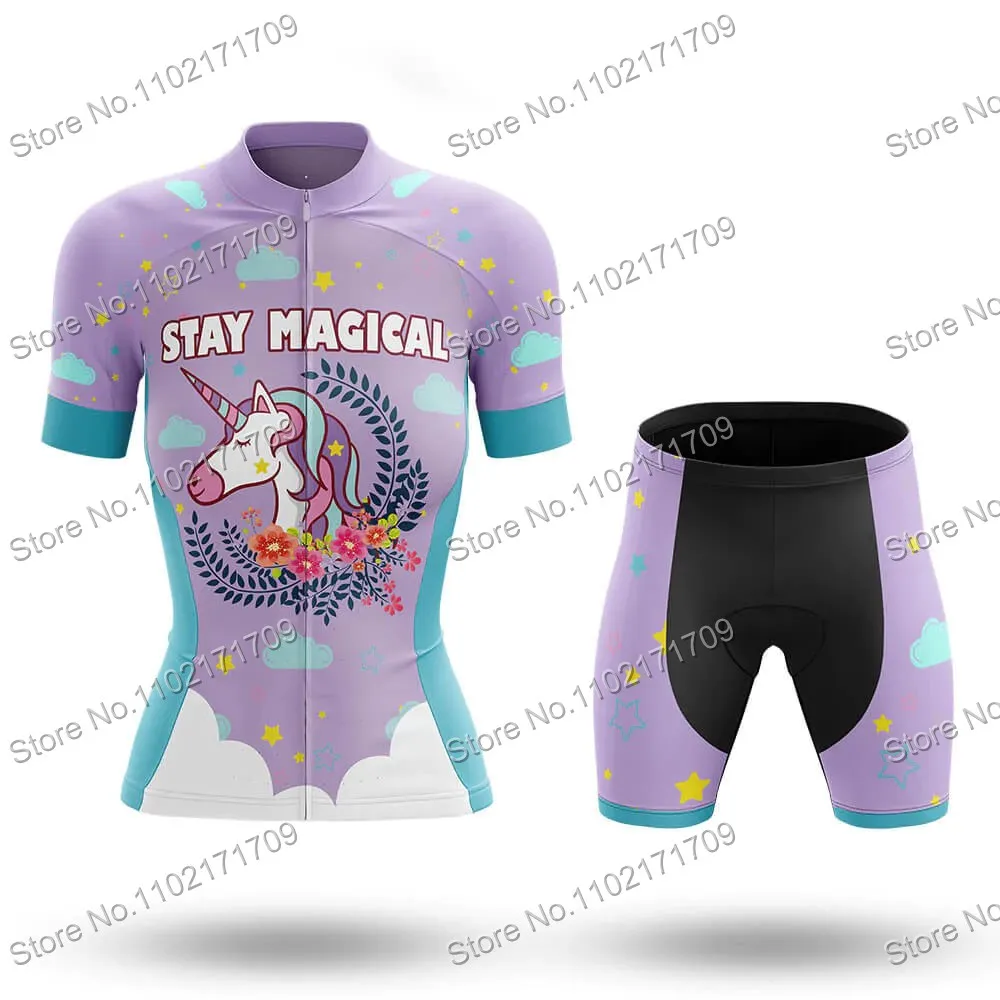 Stay Magical Unicorn Womens Cycling Jersey Set Unicorn Power Funny Cycling Jersey Set Womens Road Bike Shirts Suit MTB Ropa