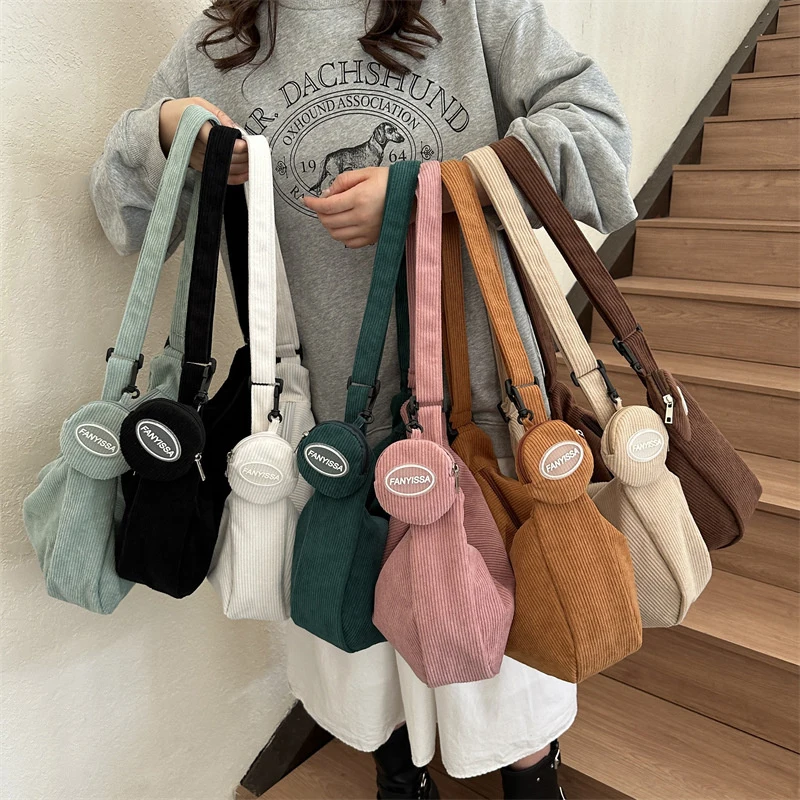 

Вельветовые сумки через плечо для женщин, Дамская вместительная сумка на плечо, модный кошелек и сумочки, однотонная женская сумка-мессенджер