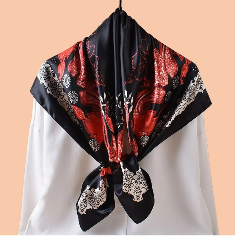 Luxuriöser Hijab-Schal aus Seidensatin für Damen, bedrucktes Kopftuch, Haarschals, 90 cm x 90 cm, quadratischer Schal, Wickeltücher, Halstücher für Damen – Detail 9