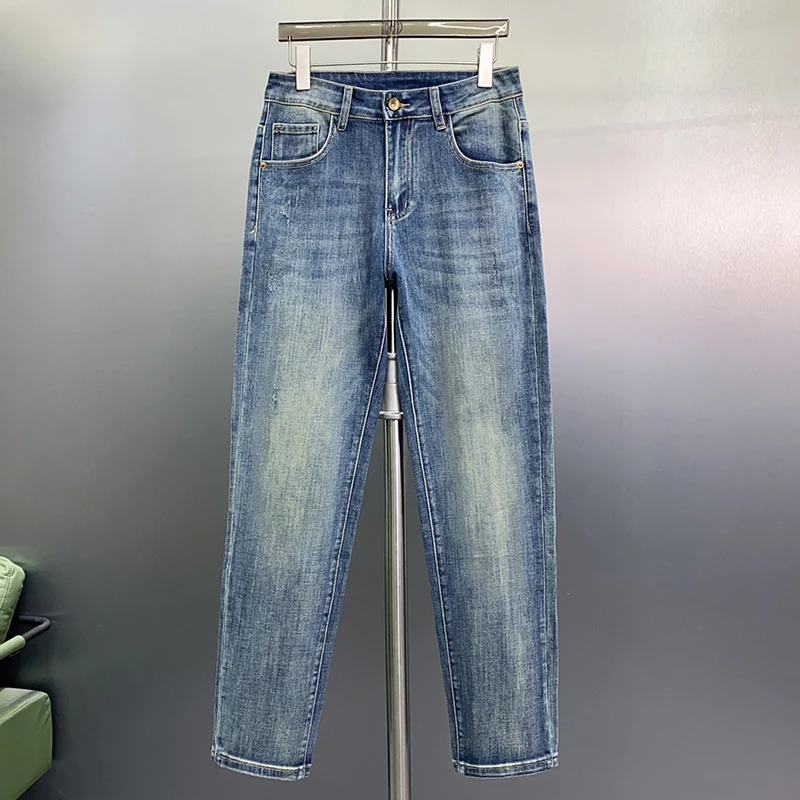 New Light Luxury Men'S Jeans High Quality Straight Fit Micro Elastic Comfortable And Versatile Washed Blue Casual Denim Pants