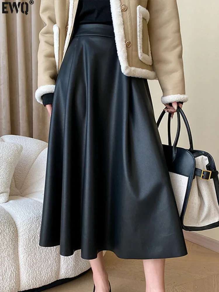 

[EWQ] Temperament Black Khaki New Fashion A-line Leather Coffee Apricot Half Skirt For Women' Bottom 2023 Autumn Spring 16U6583