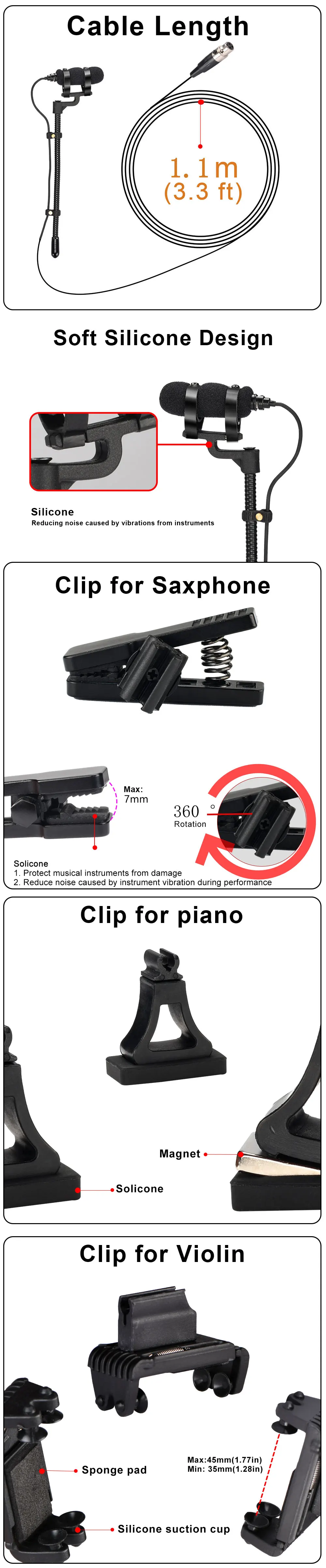 FREEBOSS 3 Pin Mini Violin Microphone with Clip Portable Hypercardioid Condencer Music Instrument Teaching Wired Mic IM-22-L5