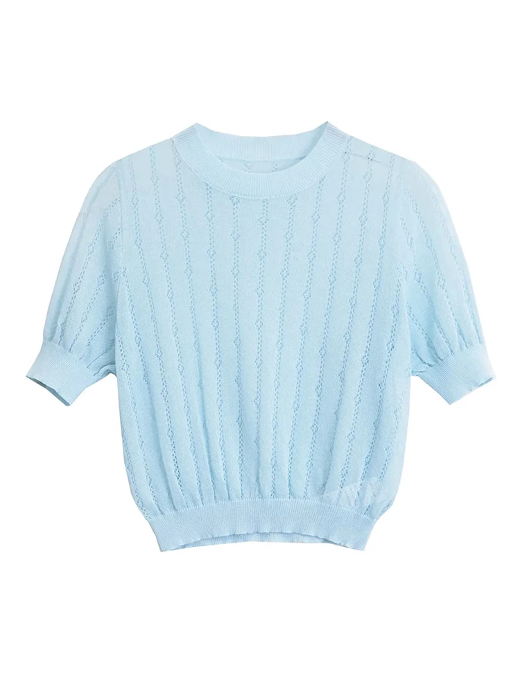 

Summer Fashion Hollow Out Knitted Blue Slim Ladies Pullover Tops Girls Casual O-Neck Short Sleeve Green Elastic Thin Sweaters