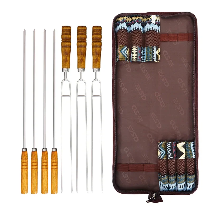 Outdoor BBQ Skewer 7-piece Set Stainless Steel Barbecue Wooden Handle Sticks BBQ Grill Skewers with Storage Bag Camp Picnic Tool