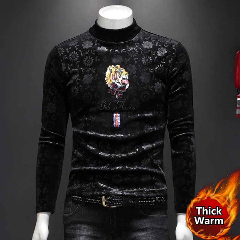 

Winter Black Floral Print Sweatshirt Men Sudadera Hombre Tiger Head Embroidery Hip Hop Korean Men High Neck Hoodie Sweatshirt