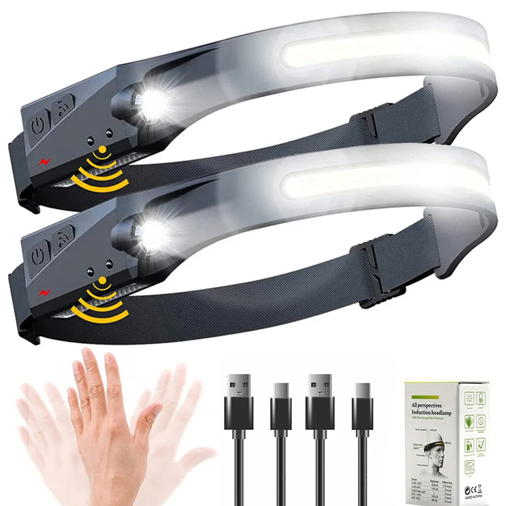 LED Headlamp COB Head Lamp with Built-in Battery Flashlight USB Rechargeable Head Torch 5 Lighting Modes Weatherproof Head Light