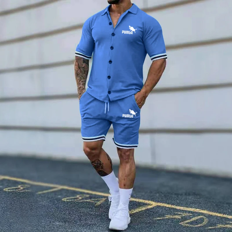 Summer Men's Hot Sale Solid Color Lapel Button-down Sports Suit Short-sleeved Shorts Casual Suit Brand Trend Comfortable summer hot sale 3d printing pattern street trend personality wild style casual fashion creative stitching striped beach suit