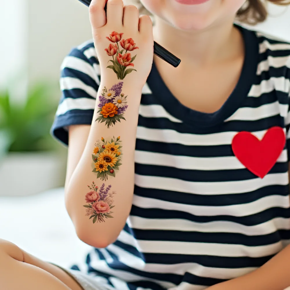 63 Stück temporäre Tattoo-Blumenaufkleber, Illustration, dekorative Aufkleber, temporäre Tattoo-Aufkleber für Schultern, Wangen – Detail 3