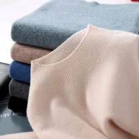 Men's Sweater Spring Autumn New 100% Merino Wool Knitted Pullover Half High Neck Solid Color Basic Tops 1