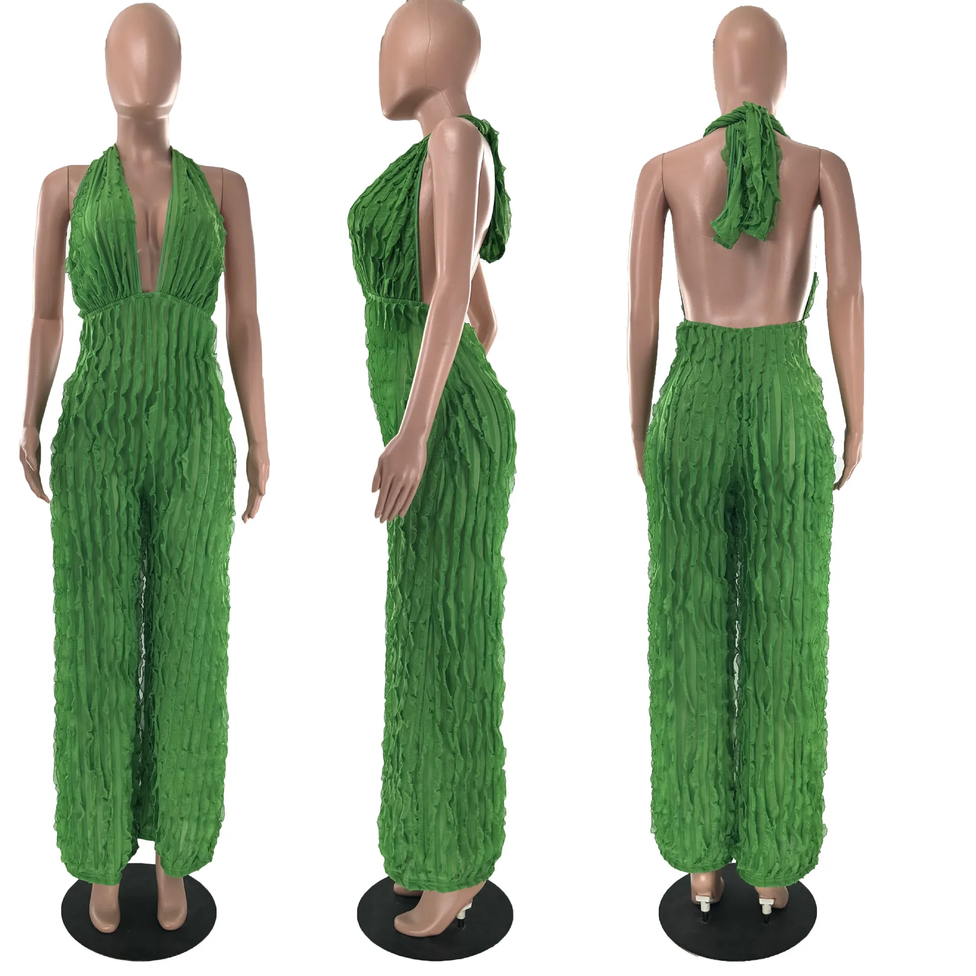 Women's Sheer Mesh Ruffles Halter Deep V-neck Sleeveless Wave Jumpsuits Wide Leg Rompers 2023 Playsuit Sexy Party Clubwear