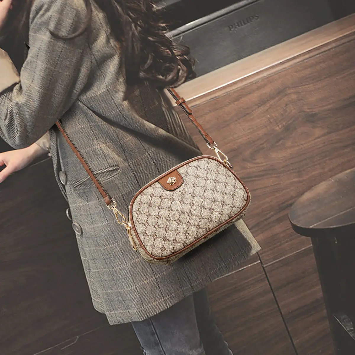 Women's Messenger Bag PVC Round Shoulder Bag Female Fashion PU Leather Tow-tier Zipper Crossbody Bags FOXER Monogram Prints leather shoulder bag,pu crossbody bag,crossbody bag,women handbags