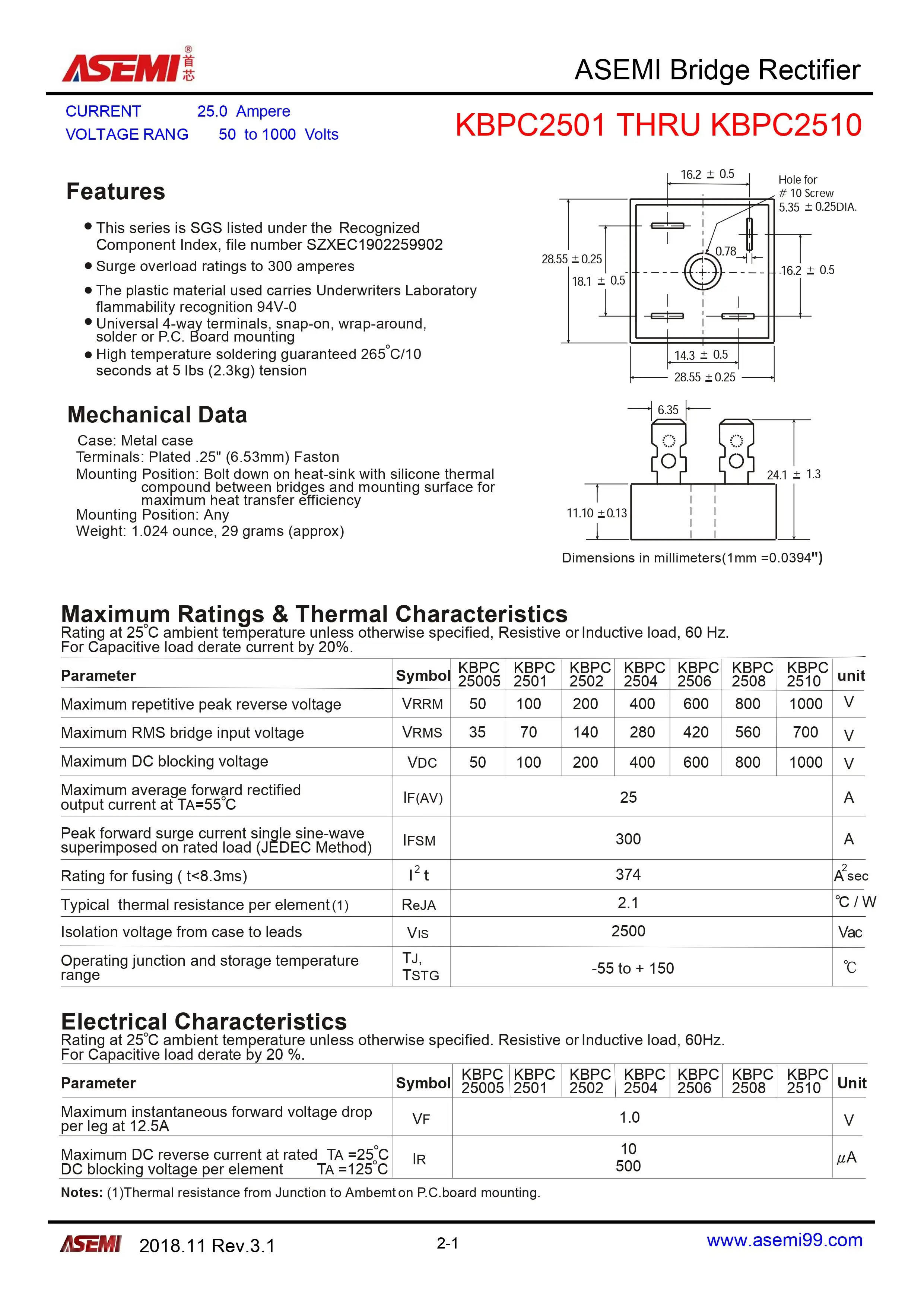 2PCS KBPC2506 Bridge Rectifier 25A 600V ASEMI