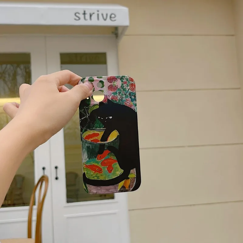 Retro Ölgemälde Schwarze Katze Telefon Fall Für iPhone 17 16 15 14 13 12 11 Pro Max mini SE 7 Plus Stoßfest Silikon Abdeckung Fundas – Detail 5