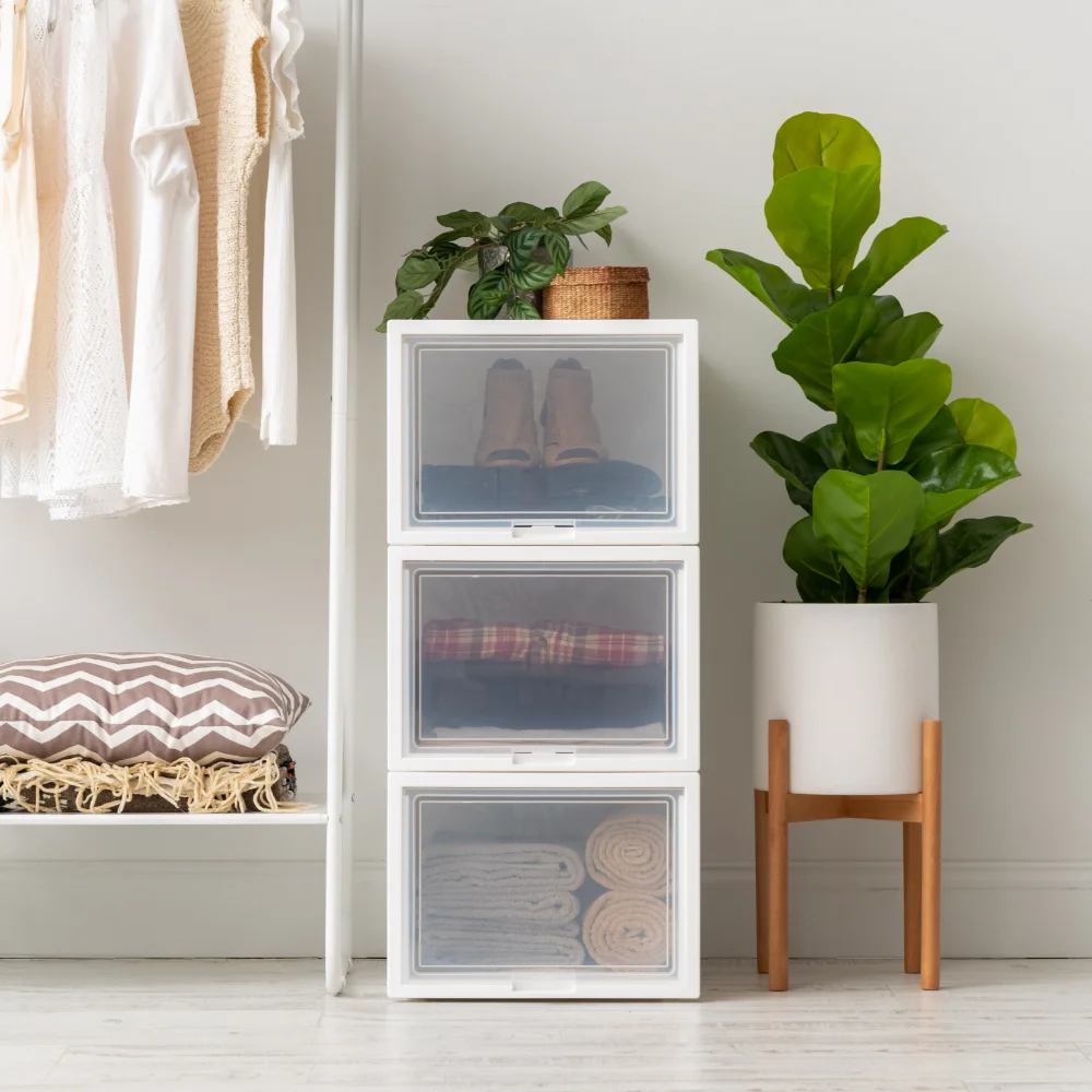 Deep Box Chest with Sliding Door, White, Set of 3 Storage Organizer