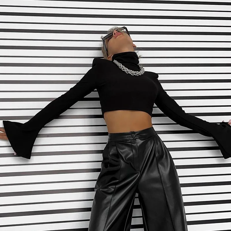 Autumn Fall New Half High Neck Black Women's T-Shirt Fashion Street Spring Slim Shoulder Padded Flared Sleeve Hot Girl Short Top