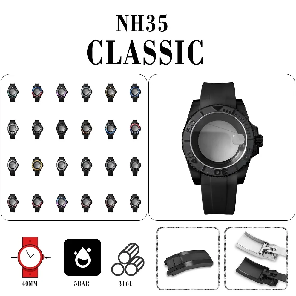 

316L stainless steel SUB galvanized black sheer case + strap Sapphire magnifier Compatible with NH35/36 calibre