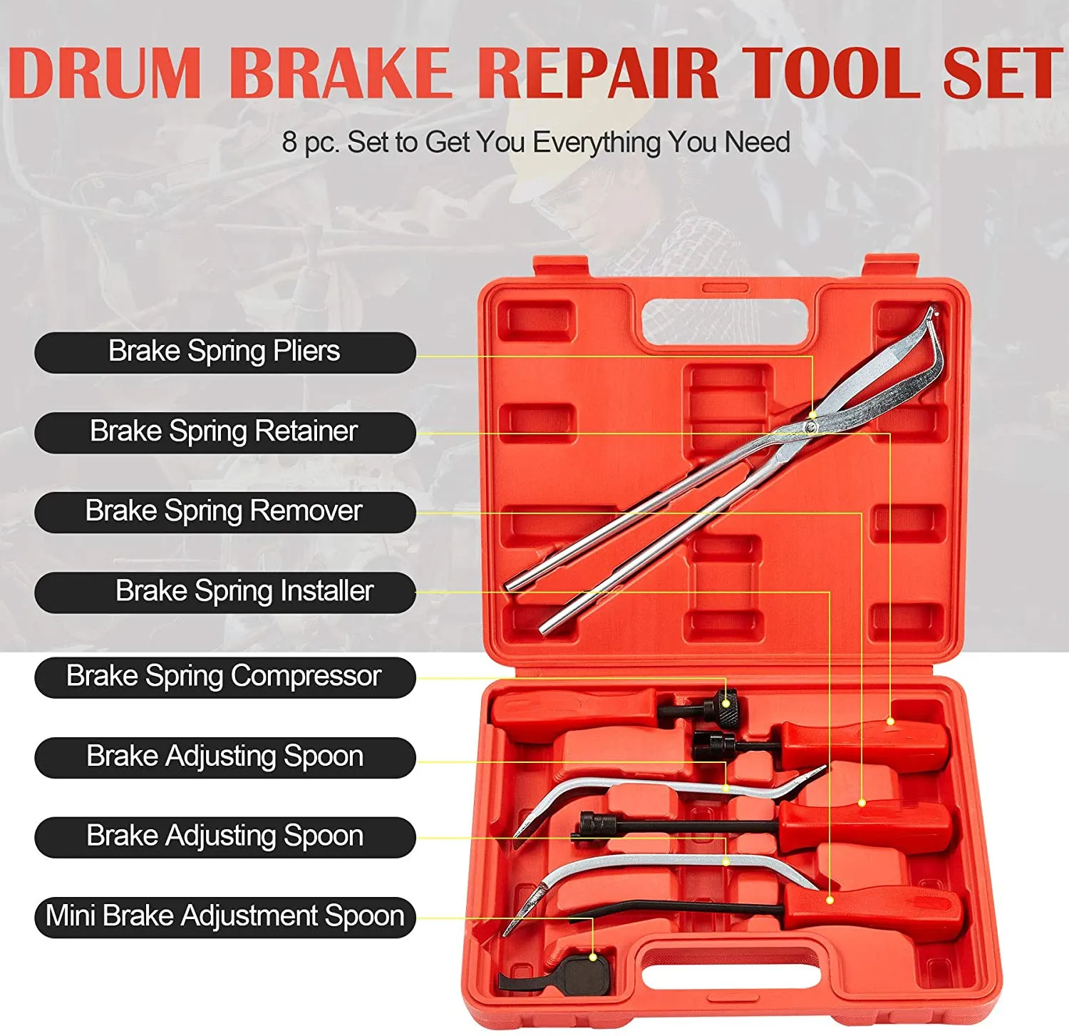 8PC Brake Service Tool Set SPRING INSTALLER REMOVER PLIERS & Adjustment Spoon