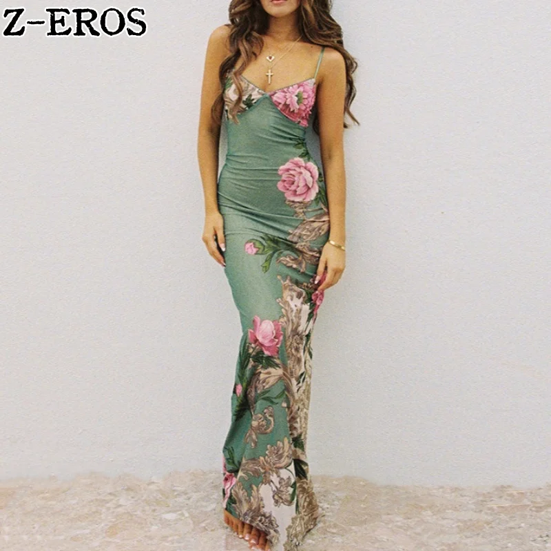 

Z-EROS Vacation Style Sleeveless Printed camisole Dress Women's V-neck Slim Fit Long Dress Beach Party Club Robe and Ankle Dress