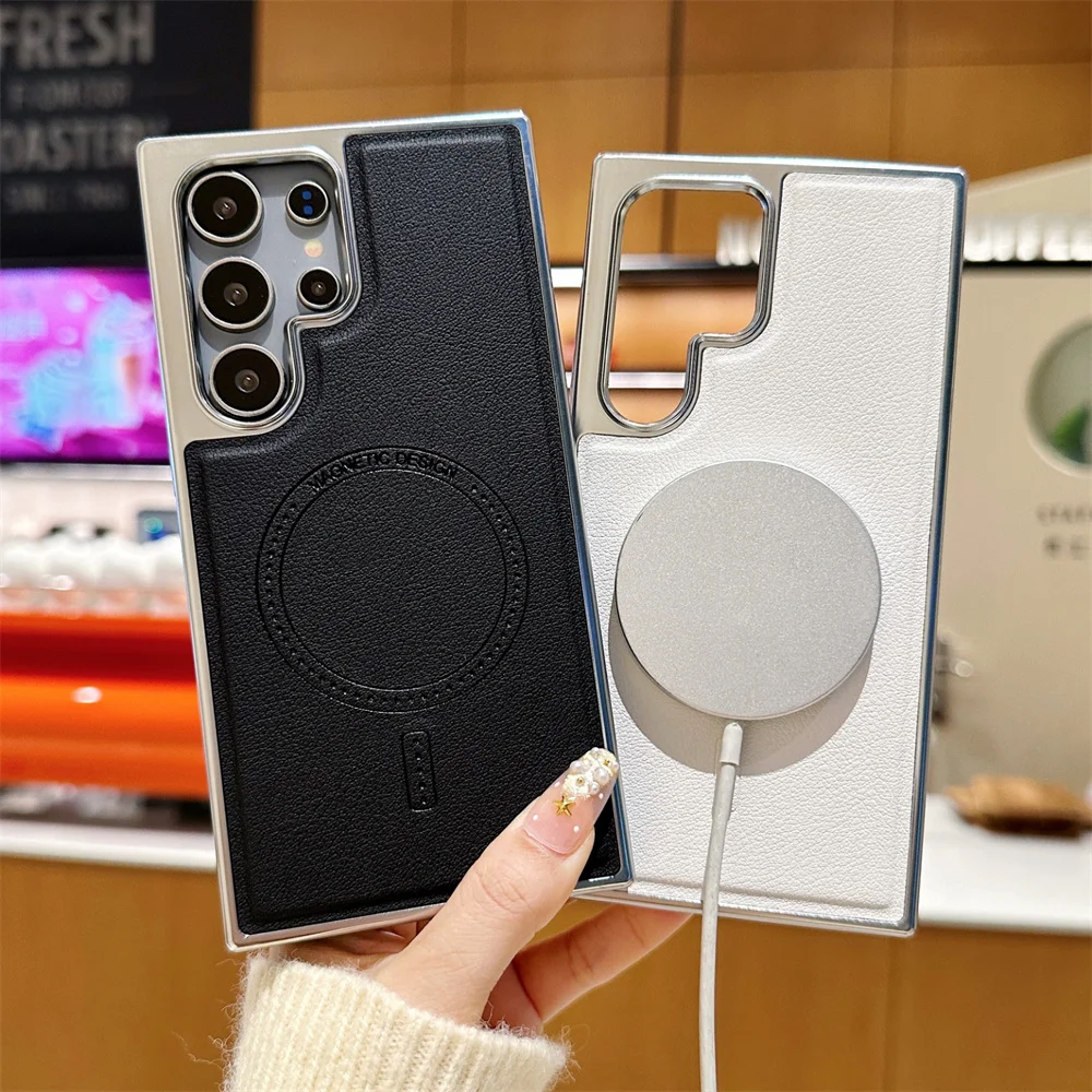 Electroplated Leather Magnetic Phone Case with Wireless Charging and Shockproof Protection