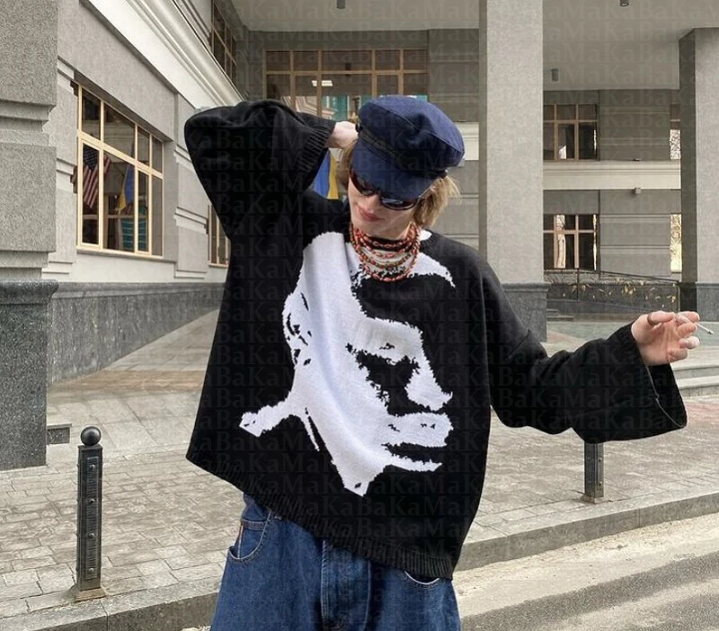 

Autumn Streetwear Sweater Men Women Cotton Knitwear Vintage Knitted Sweater Y2K Harajuku Hiphop Style Cartoon pattern Pullover