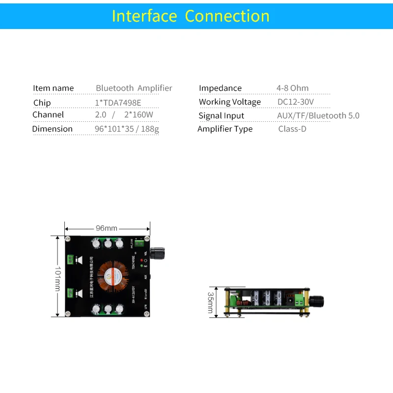Unisian-placa de Amplificador de Potência Bluetooth Tda7498e 2x160w 2.0 Canais Amp Digital Classe d Aux tf Bt5.0 Xh-a126 - Image 6