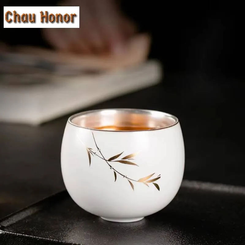 80ml 999 Gilded White Porcelain Gold Ceramic Teacup Pure Handmade Golden Bamboo Master Cup Puer Tea Bowl Jianzhan Kung Fu Teaset