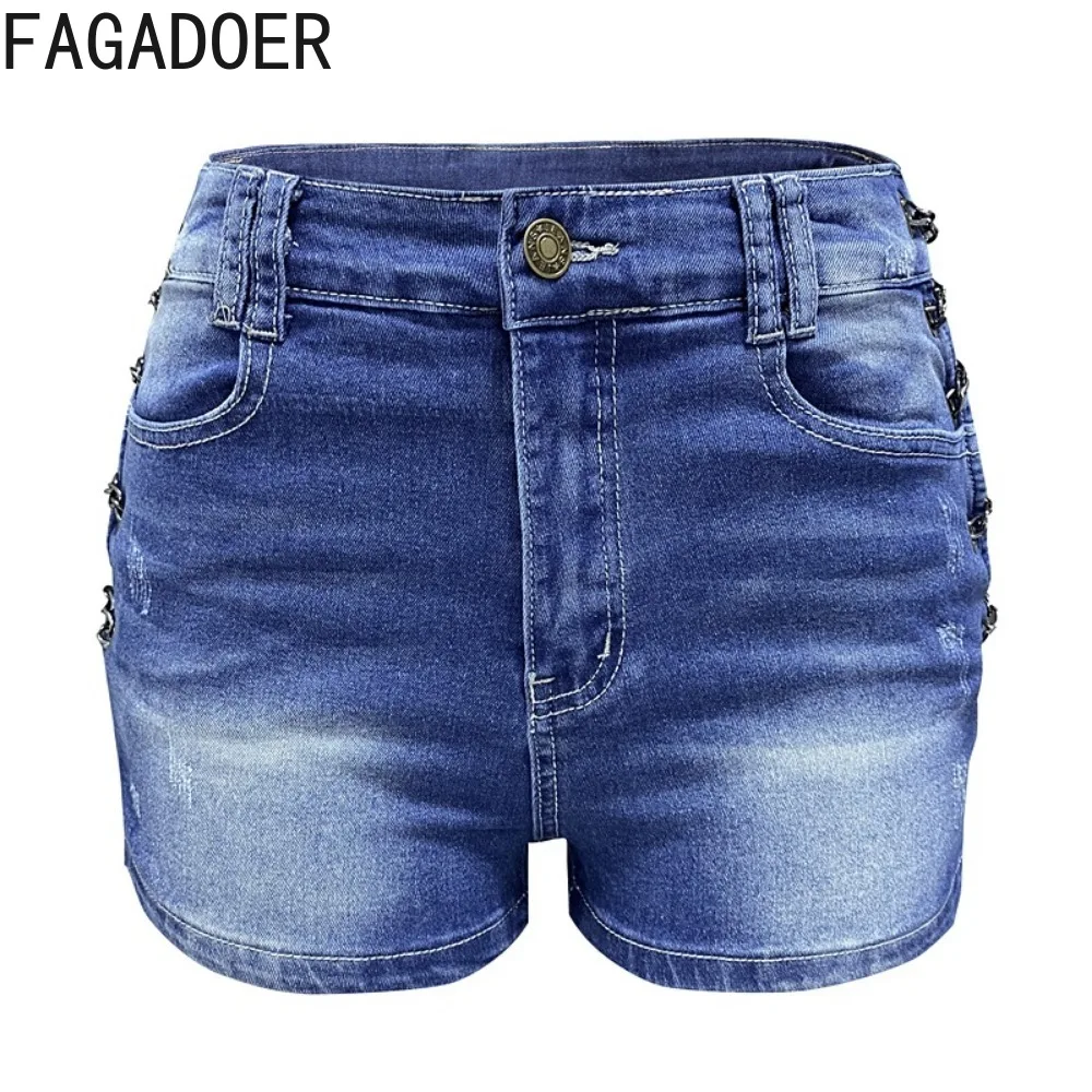 FAGADOER Blue Summer Side Chain Hollow Denim Shorts Women High Waisted Button Pocket Skinny Jean Fashion Female Cowboy Bottoms