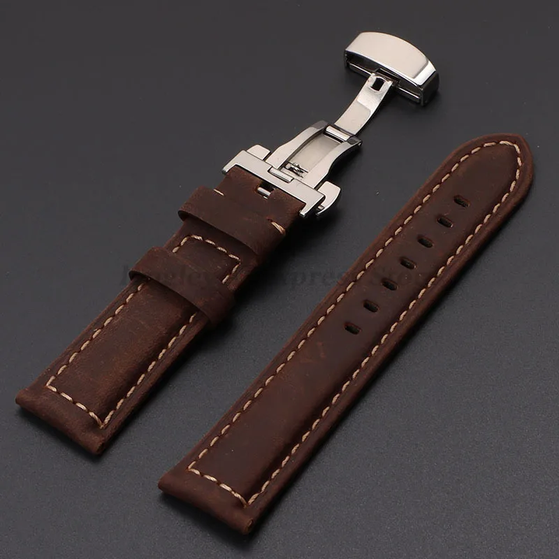 Vintage Crazy Horse Leather Watch Strap with Butterfly Buckle