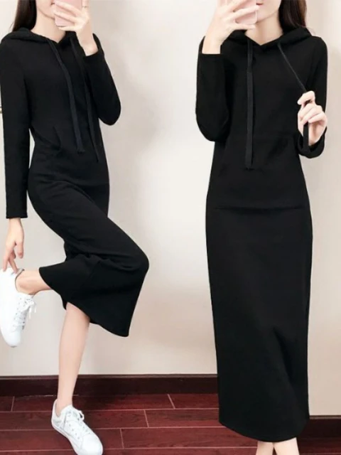 Medium and Long Hooded Sweater Women's Spring New Large Long Sleeve Slim Fit Waist Pullover Bottomed Dress Plus Size Dress 1