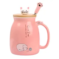 Charming Kawaii Cat Ceramic Mug with Lid and Spoon - Japanese Style Novelty Gift - 401-500ml (Pink)