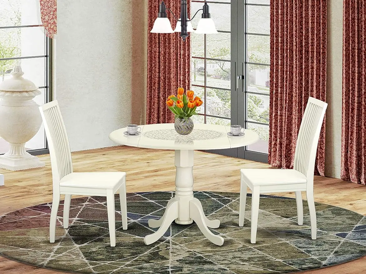 

East West Furniture Dublin 3 Piece Kitchen Set Contains a Round Table with Dropleaf and 2 Dining Room Chairs,42x42", Linen White