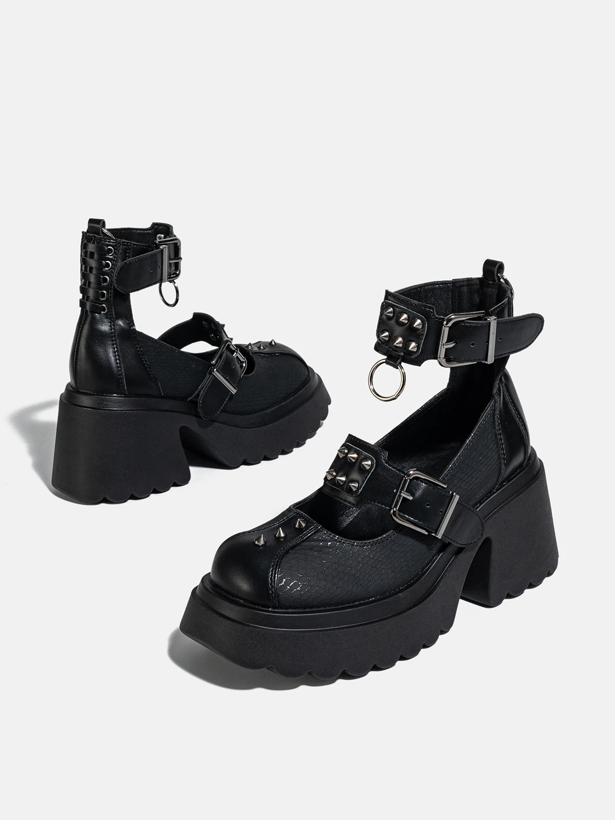 Gothic Punk Thick Sole Mary Jane Shoes 2024 Women's Thick Platform Pump Lolita Leather Shoes Rivets Chain High Heel Shoes