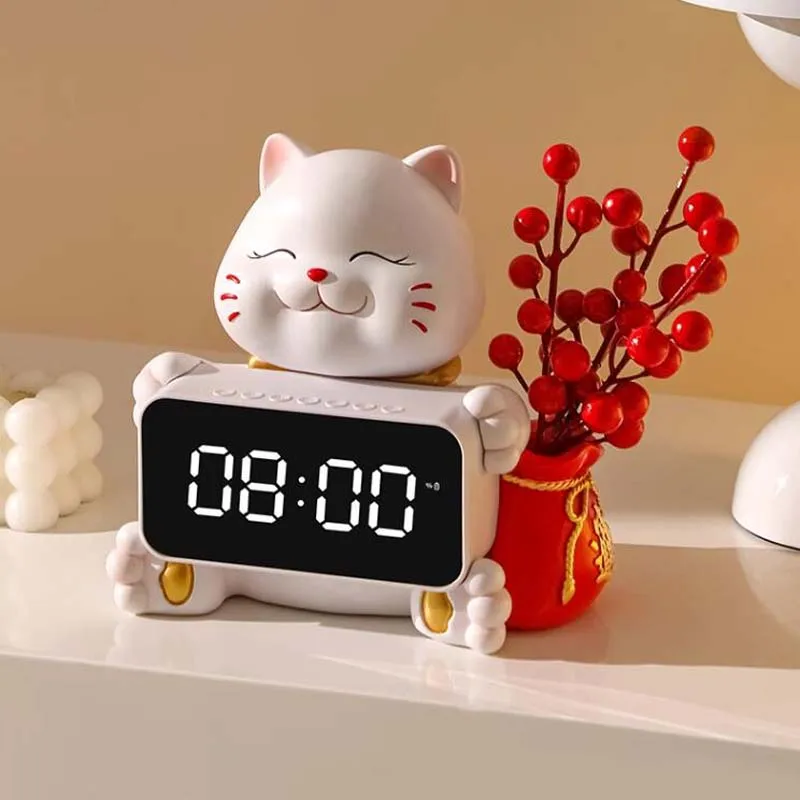 

Цифровой Настольный Будильник Lucky Cat с Bluetooth, настольные часы с громкоговорителем, FM-радио, полимерным рисунком, копилка, книжная полка, украшение для шкафа