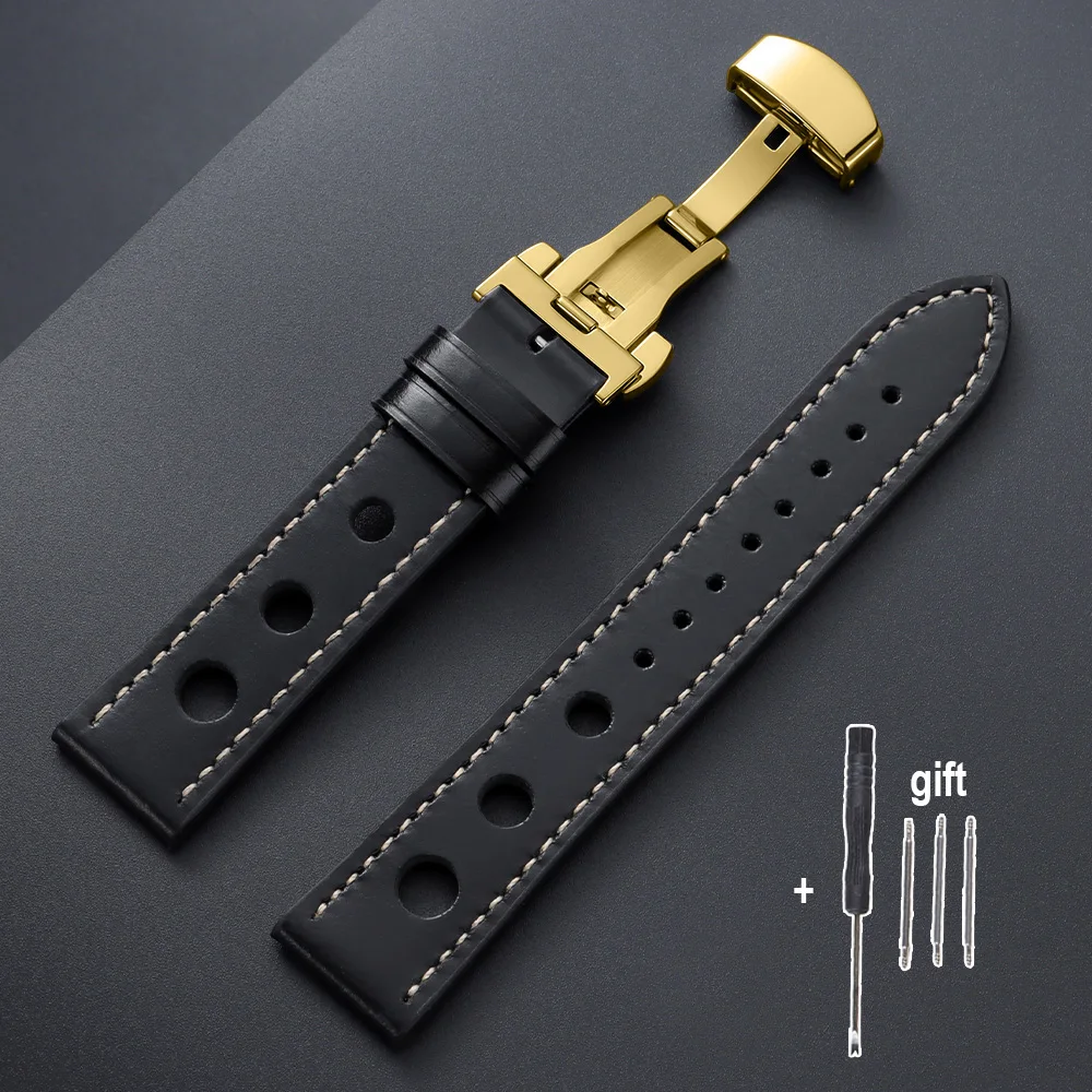 Vintage Brown and Black Oil Wax Cowhide Leather Watch Straps with Butterfly Buckle and Breathable Design