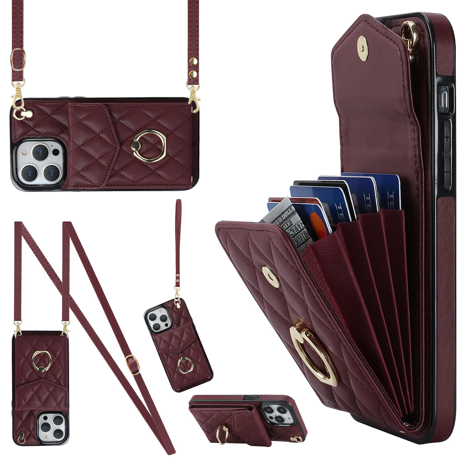 thumbnail image 1 of Funda de cuero con soporte para anillo y cordón cruzado para iPhone 13, 14, 15, 16 Pro Max, 12, 11, XS Max, XS, 8, 7 Plus, funda tipo billetera con ranuras para varias tarjetas, 1 of 5