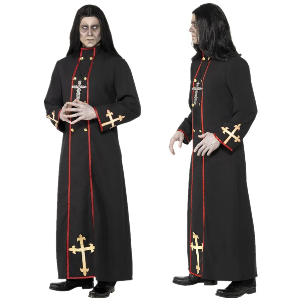 

Medieval Horror Priest Cosplay Costume Adult Missionary Black Robe Pastor Father Role Play Cassock Halloween Carnival Party