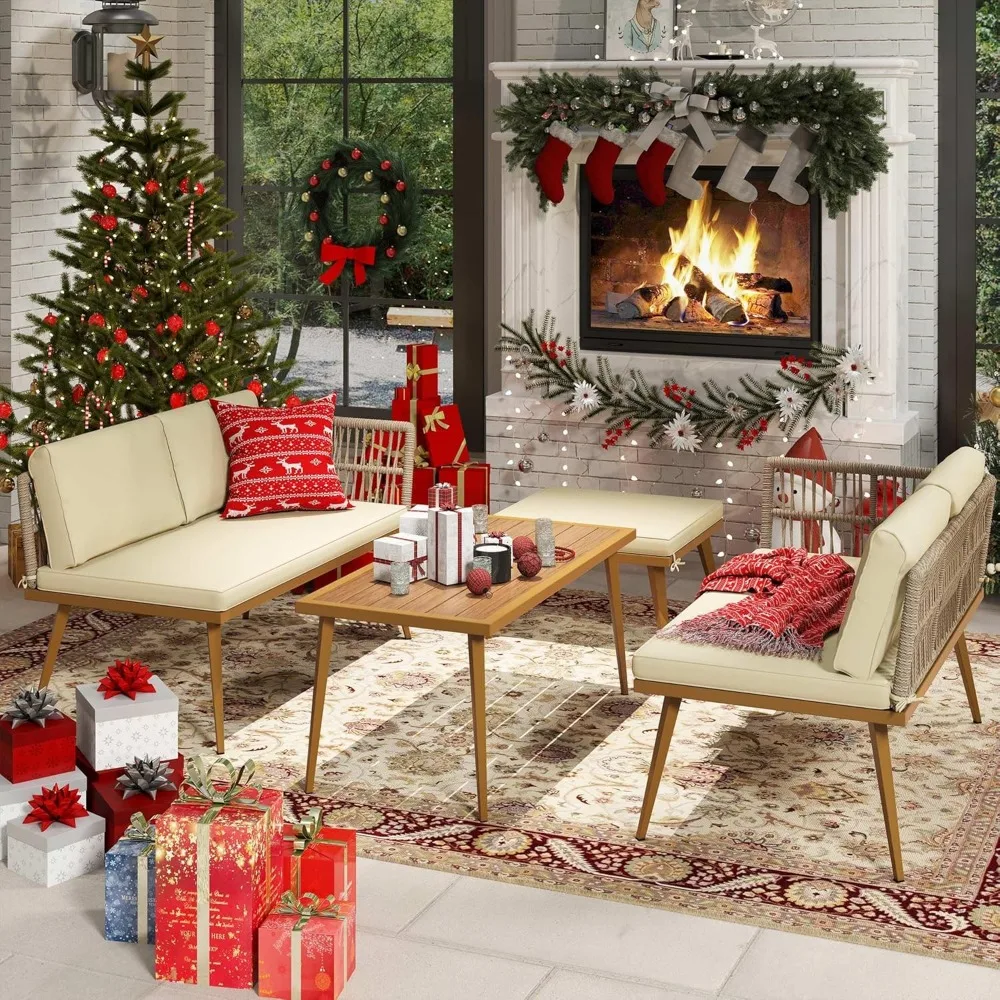 4 Pieces Patio Furniture Set, Outdoor Rattan Woven Conversation Sectional L-Shaped Sofa for Backyard, Porch, Boho Detac 3
