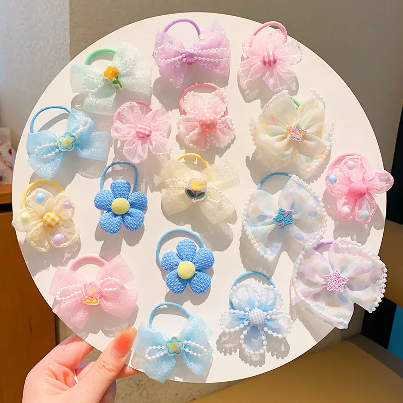 10 개/대 핑크 꽃 소녀 헤어 밧줄 거즈 활 어린이 탄성 고무 밴드 공주 머리 꽃  키즈 헤어 액세서리