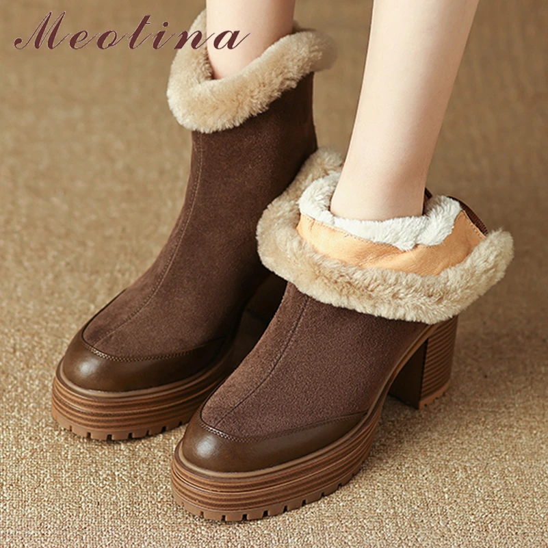

Meotina Women Genuine Leather Ankle Short Boots Round Toe Thick High Heels Zipper Fur Western Cowgirl Boots Ladies Shoes Winter