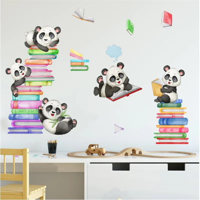 Cute Animal Panda Book Wall Stickers For Kids Nursery Decor Reading Room Decoration Student Library Decal Classroom Mural Poster